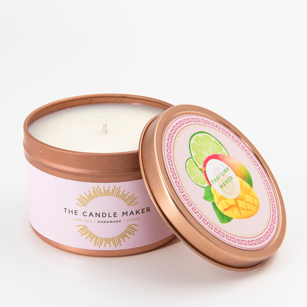 The exotic scent of Thai Lime and Mango scented soy candle