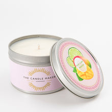 Load image into Gallery viewer, The exotic scent of Thai Lime and Mango scented soy candle in silver
