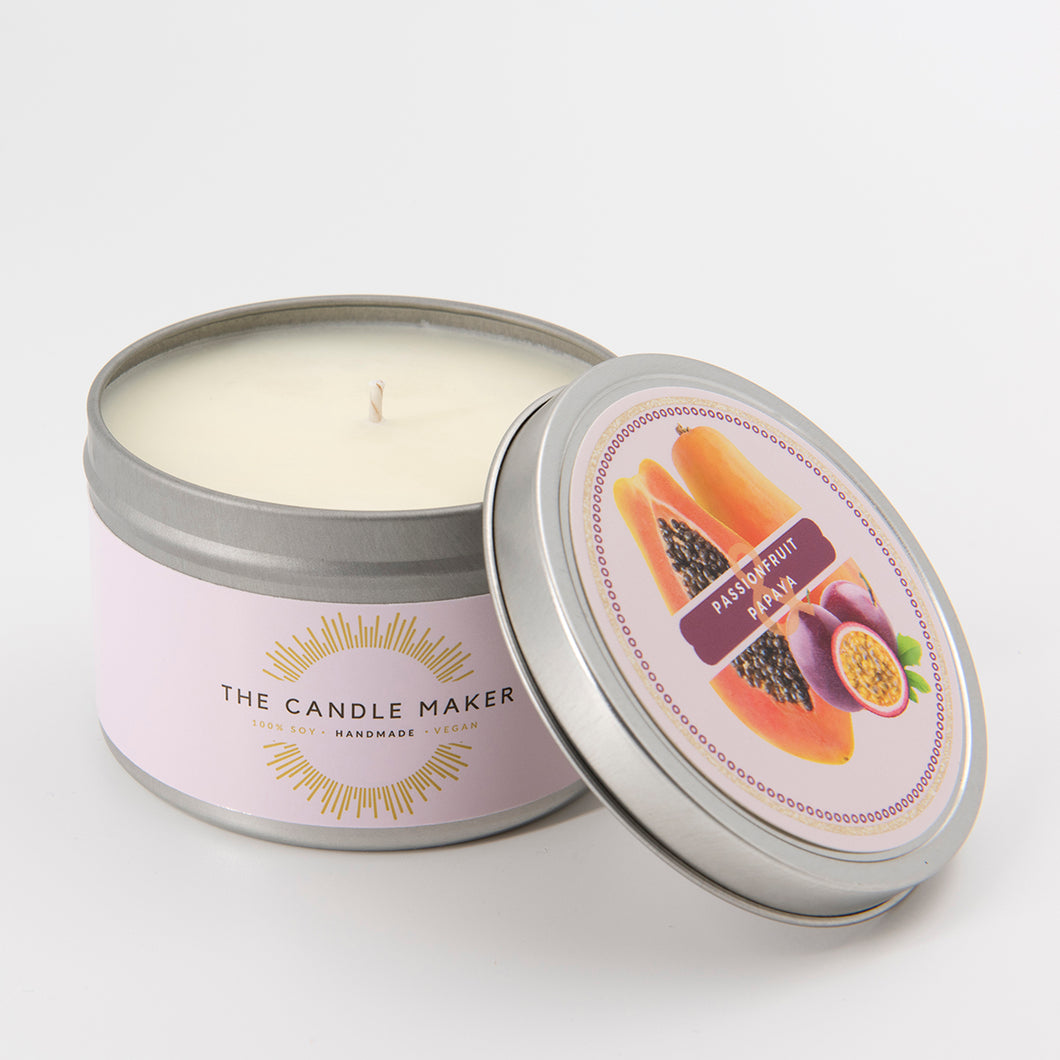 Passionfruit & Papaya silver soy wax candle made in the uk