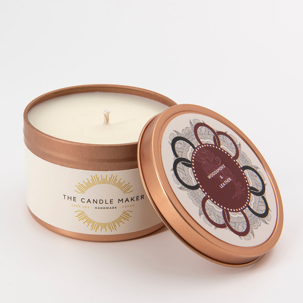Woodsmoke and Leather soy wax cande uk made