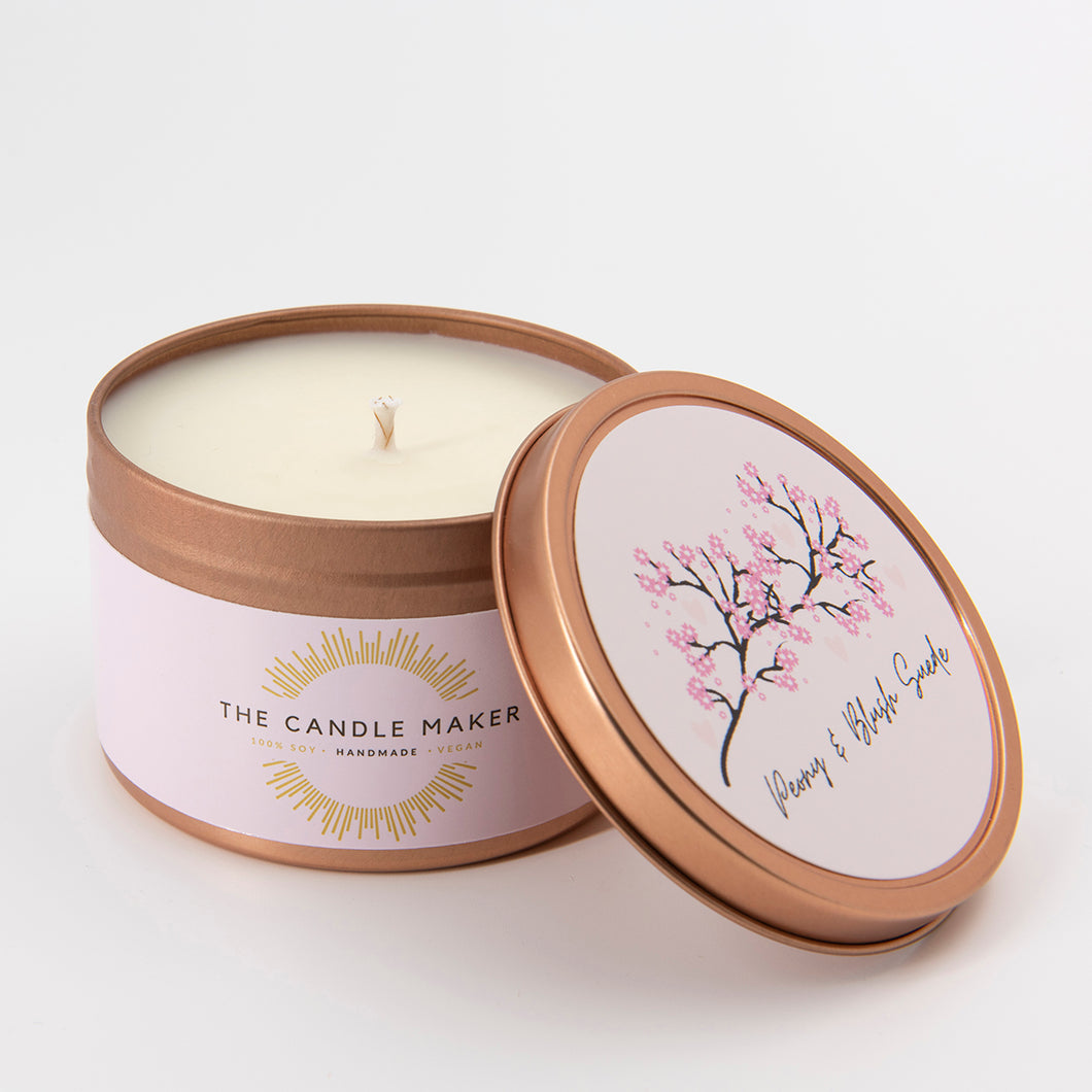 peony & blush suede soy wax candle made in the uk