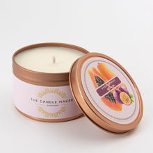 Load image into Gallery viewer, Passionfruit &amp; Papaya soy wax candle gold hand made in uk
